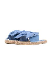 Infradito in tessuto blu con dettagli annodati, suola in juta e design piatto. Punta aperta con finitura testurizzata.