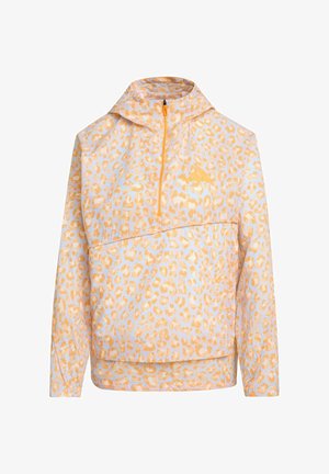 Lichtgewicht pullover met een halve ritssluiting, voorzien van een geel-wit luipaardprintpatroon, lange mouwen en een capuchon.