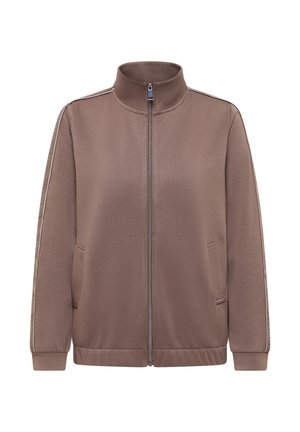 Brun lynlåstrøje med høj krave, sidelommer og kontrasterende striber i siden. Glat stof, afslappet design og ribstrikkede manchetter ved ærmerne.