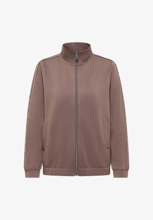 Hnědá bunda na zip s vysokým límcem, bočními kapsami a kontrastními pruhy po stranách. Hladká tkanina, ležérní design a žebrované manžety na rukávech.