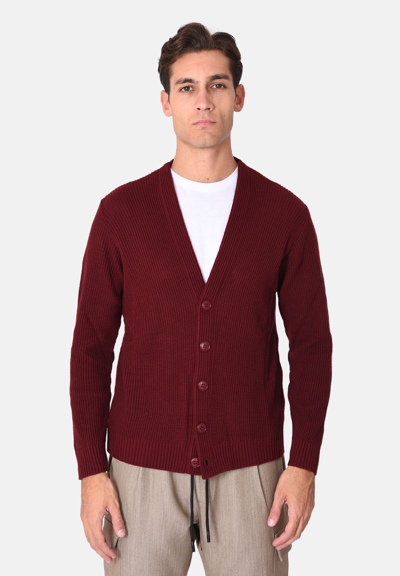 Cardigan lavorato a maglia bordeaux con scollo a V, chiusura con bottoni e polsini a costine. Indossato sopra una maglietta bianca, abbinato a pantaloni chiari.