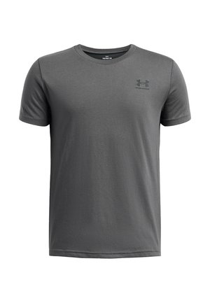 Grijs Under Armour T-shirt met korte mouwen en ronde hals met klein zwart logo op de linkerborst tegen een witte achtergrond.