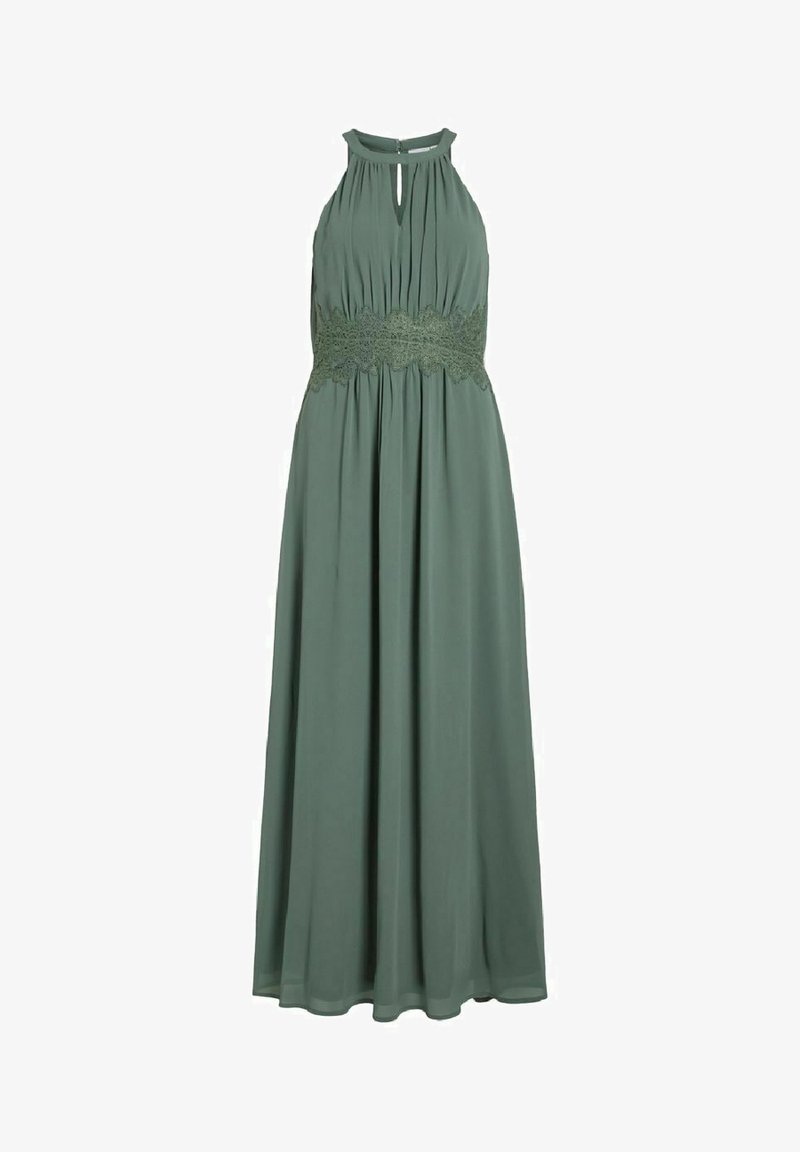 Vestido longo e sem mangas em verde-sálvia, com corpete pregueado, cintura de renda e detalhe de decote em gota. Material fluido, design até ao chão.