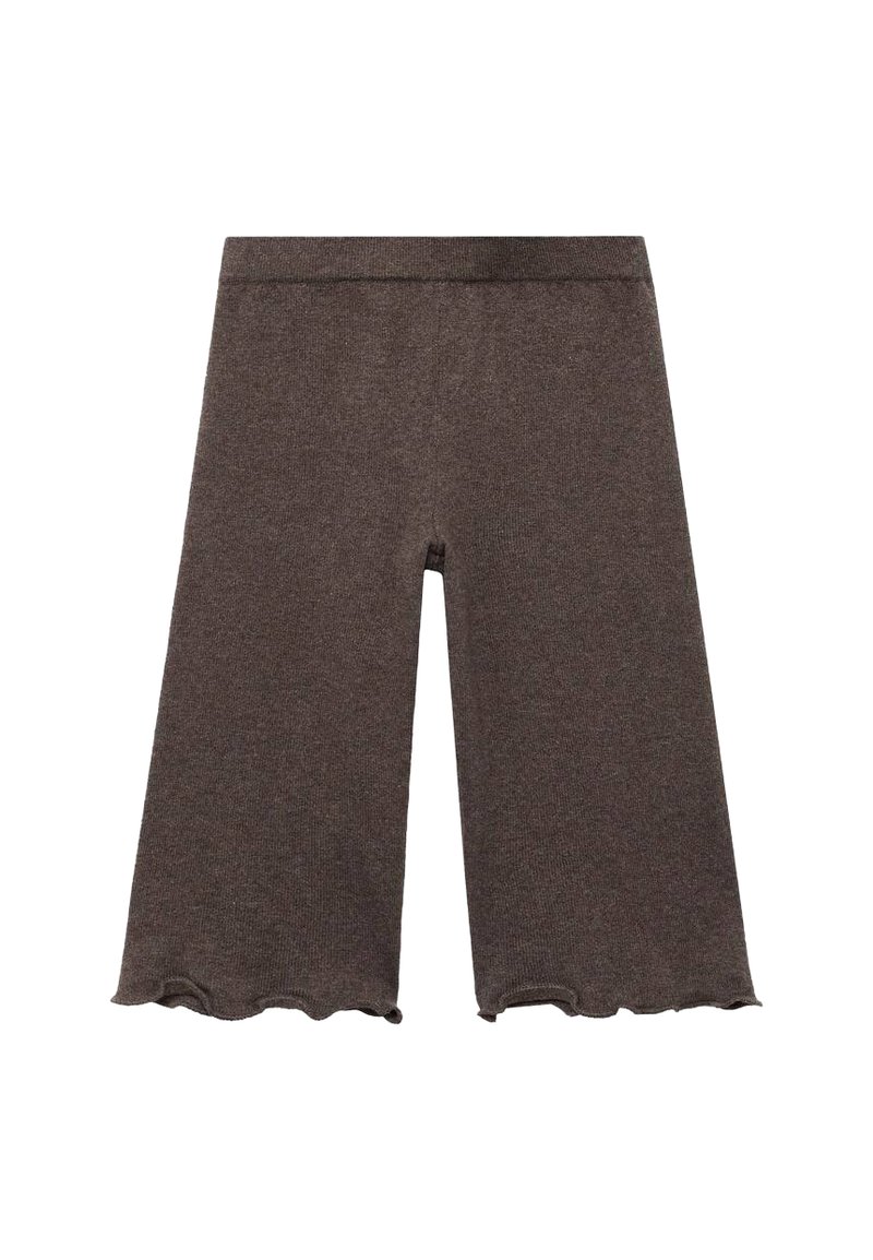 Ruskeat neulottu crop-housut leveällä lahkeella, joissa on sileä vyötärö ja aaltoilevat reunat lahkeiden päällä.