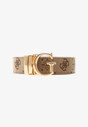 Ceinture en toile beige avec un motif floral marron, dotée d'une boucle en 'G' doré et d'une quincaillerie en métal poli. La largeur est standard pour les ceintures.