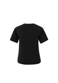 Zwarte t-shirt met korte mouwen van katoen, met een ronde halslijn en een eenvoudig ontwerp zonder zichtbare patronen of accenten.