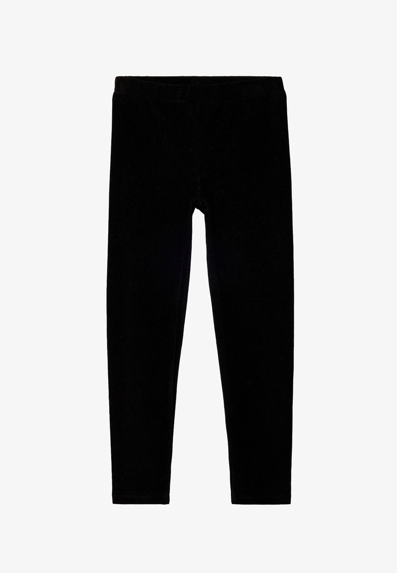 Zwarte legging van zacht, rekbaar materiaal. Heeft een gladde tailleband en een slim fit met taps toelopende pijpen, zonder zakken of versieringen.