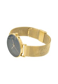 Goldenes Mesh-Armbanduhren mit einem dunkelgrauen runden Zifferblatt und minimalistischen Stundenmarkierungen, versehen mit einem Gehäuse aus Edelstahl und einem sicheren Verschluss.