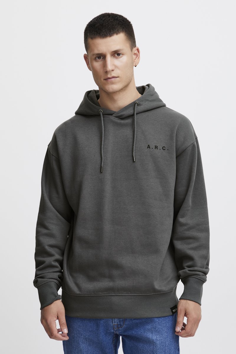 Dark gray hoodie made from soft fabric, featuring a drawstring hood and embroidered "A.R.C." logo on the chest. Ribbed cuffs and hem.