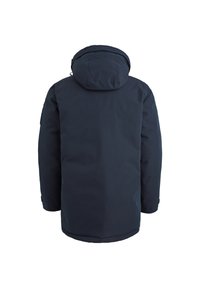 Manteau isolé bleu marine avec capuche, texture lisse et poignets élastiques. Présente une coupe droite sans logos ni motifs visibles.