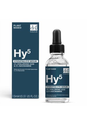 Roślinne serum nawilżające pod oczy Hy5 z 5% kwasem hialuronowym i 5% niacynamidem w przezroczystej butelce z zakraplaczem o pojemności 15 ml oraz granatowym opakowaniu.