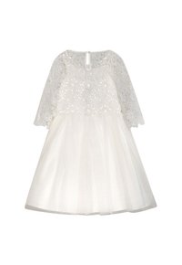 Weißes Kleid mit einem taillierten Spitzenoberteil mit Blumenmustern, transparenten Ärmeln und einem mehrlagigen Tüllrock. Enthält einen Verschluss am Rücken.