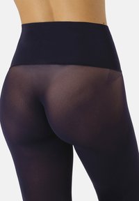 Leggings neri a vita alta, trasparenti, con una texture liscia e un tessuto elastico, dotati di un ampio elastico nero in vita per comfort e supporto.