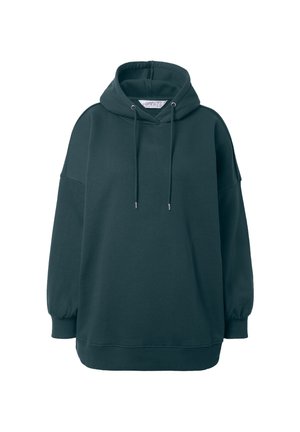 Sudadera oversized de color verde oscuro con capucha ajustable, mangas largas de globo y puños y dobladillo de canalé, sobre un fondo blanco.