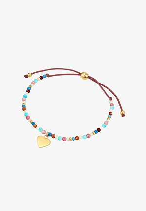 Värikäs helmikaulakoru, joka sisältää turkoosi-, vaaleanpunaisia- ja ruskeita helmiä, kultasydänriipuksen ja liukuva solki.