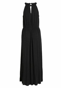 Robe maxi noire sans manches avec col licou, ouverture en forme de goutte à l'avant, taille plissée et jupe fluide.