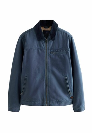 Navy blue zip-up jacket with black corduroy collar, three zippered pockets, and soft fleece lining visible inside the collar.