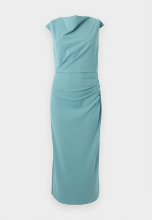 Varrukateta türkiissinine midi-kleit istuva vöökohaga ja peene voltimisdetailiga ees, paadikaeluse ja külje lõhikuga.