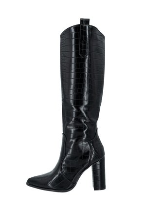 Zwarte kniehoge laarzen met een krokodillenstructuur, spits toelopende neus en blokhak. Voorzien van een trekband aan de bovenkant voor gemakkelijk aan- en uittrekken.