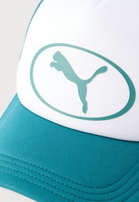 Κοντινό πλάνο ενός λευκού και τιρκουάζ καπέλου με ένα τιρκουάζ περίγραμμα σιλουέτας ενός πηδώντας πούμα μέσα σε οβάλ σχήμα.