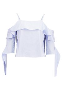 Modrý a bílý pruhovaný top s odhalenými rameny, volánky, dlouhými rukávy a mašličkami, vyrobený z lehkého materiálu.