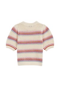 Kortärmad stickad tröja i krämfärg med flerfärgade horisontella ränder. Texturerad öppen väv och ribbade avslut på ärmar och nederkant.