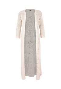 Langer, offener Cardigan in Creme, mit aufwändigen Diamanten- und Ovalmustern, Dreiviertelärmeln und einer leichten Strickstruktur.
