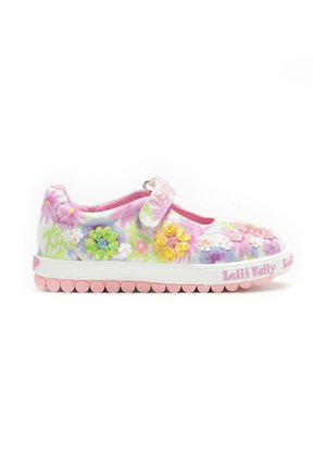 Sneaker per bambini con fantasia floreale, suola rosa, cinturino in velcro e decorazioni floreali ricamate colorate.