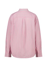 Striped shirt featuring pink, white, and green vertical stripes, with a pointed collar and button cuffs. Back view displays a smooth texture.