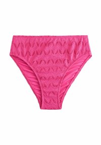 Roza bikini hlače iz teksturiranega materiala z valovnim vzorcem. Imajo visoko izrezane noge in zborane stranske šive za tesno prileganje.