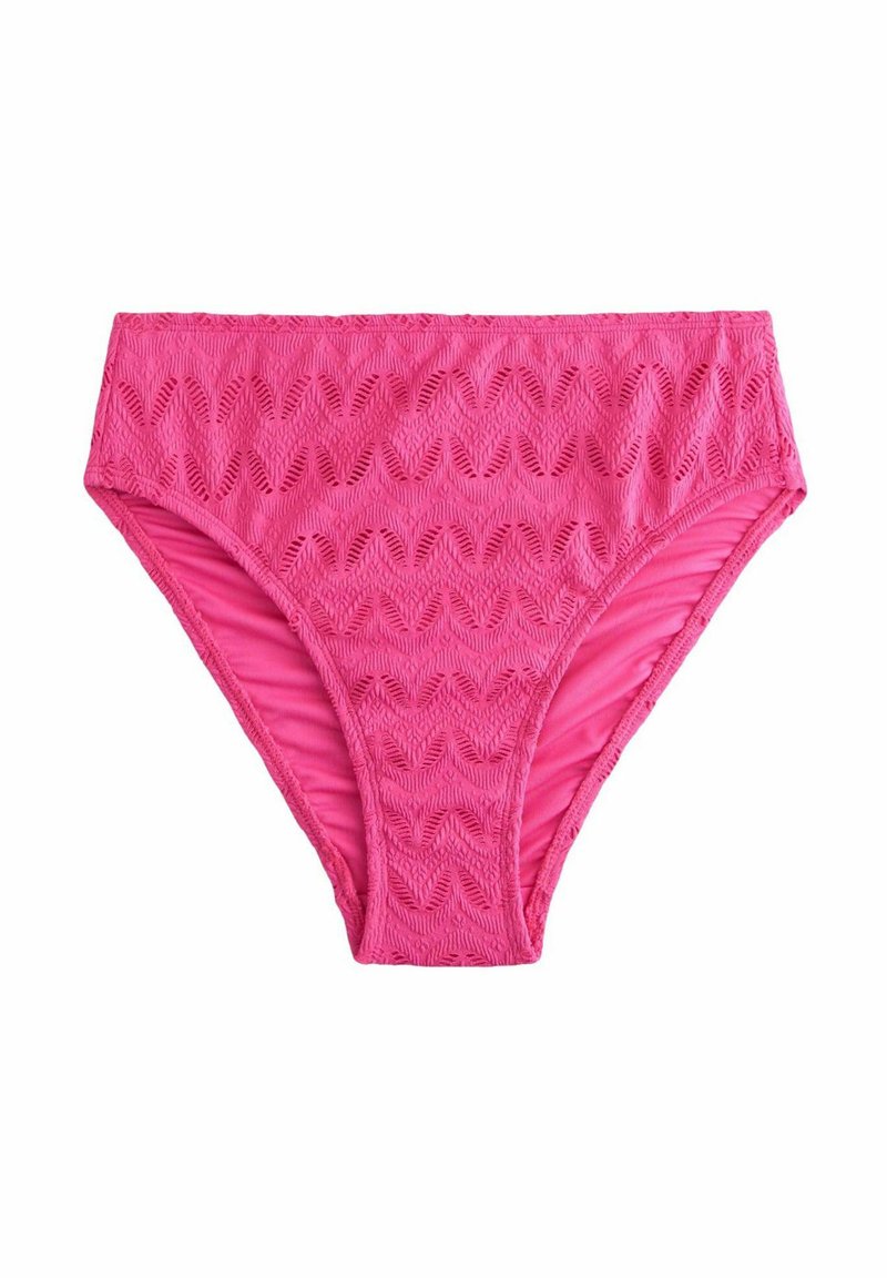 Roza bikini hlače iz teksturiranega materiala z valovnim vzorcem. Imajo visoko izrezane noge in zborane stranske šive za tesno prileganje.