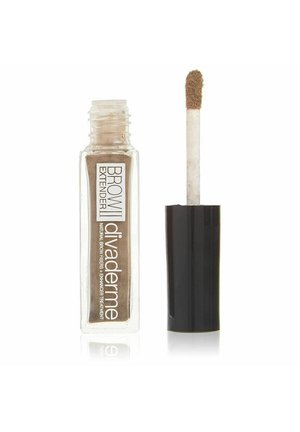 Clear rectangular bottle of Divaderme Brow Extender II with brown eyebrow fiber liquid and open black cap with applicator wand.