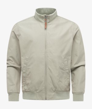 Giacca beige chiaro con zip, colletto, polsini e orlo a coste, dotata di tasche laterali e tirazip in pelle.