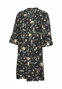 Abito a portafoglio floreale in tessuto nero con motivi di fiori gialli e pastello. Presenta maniche a campana, una vita cintrata e una gonna a strati.