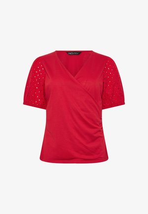 Rote Bluse mit kurzen Ärmeln, V-Ausschnitt mit Wickeloptik und Ösen-Spitzendetails an den Puffärmeln.