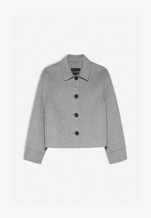 Grijze wollen cropped jas met een kraag, voorzien van zes zwarte knopen aan de voorkant en strakke lijnen, die een gestructureerde silhouette biedt.