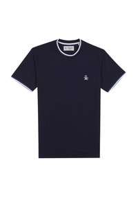 Navy blue cotton T-shirt with a crew neck and short sleeves, featuring white and light blue striped accents on the collar and sleeves, and a small logo.
