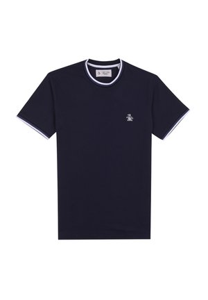 Marineblauwe katoenen T-shirt met een ronde hals en korte mouwen, voorzien van wit en lichtblauwe gestreepte accenten op de kraag en mouwen, en een klein logo.