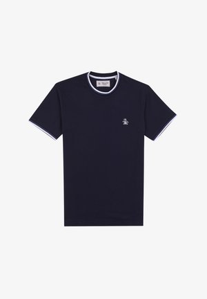 Marineblauwe katoenen T-shirt met een ronde hals en korte mouwen, voorzien van wit en lichtblauwe gestreepte accenten op de kraag en mouwen, en een klein logo.