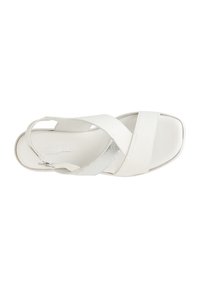 Sandali bianchi con fasce incrociate realizzate in pelle texture e liscia. Punta quadrata e plantare imbottito per il comfort. Cinturino regolabile alla caviglia.