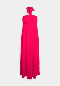 Maxikleid aus glattem, leichtem Stoff in leuchtendem Pink. Hat einen Neckholder mit Bindebändern und ein gerafftes Oberteil über dem flatternden Rock.