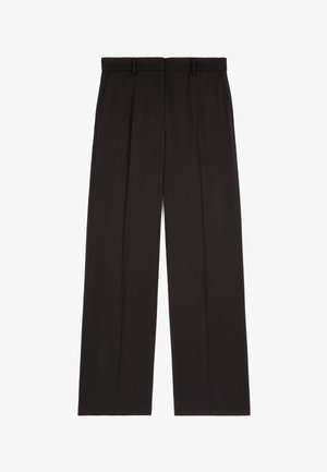 Black wide-leg trousers made of a smooth, lightweight fabric. Features a flat front with two pleats and belt loops, designed for a tailored fit.