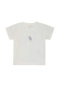 Vit bomull t-shirt med kort ärm som har ett litet lila blommönster på framsidan. Slät textur med rund halsdesign.