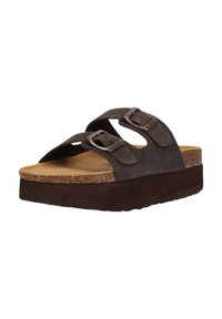 Infradito in suede marrone con due fibbie regolabili, una soletta in sughero e una robusta suola in gomma marrone scuro.