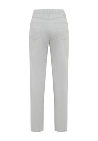 Pantalons droits gris clair en tissu lisse, au design classique à quatre poches, avec des détails brodés sur les poches arrière.