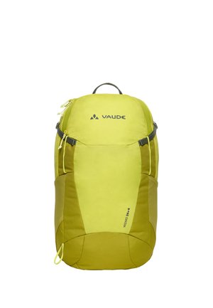 Sac à dos de randonnée compact jaune-vert avec compartiments zippés, poches latérales en mesh, poignée supérieure et marquage "VAUDE Wizard 24+4".