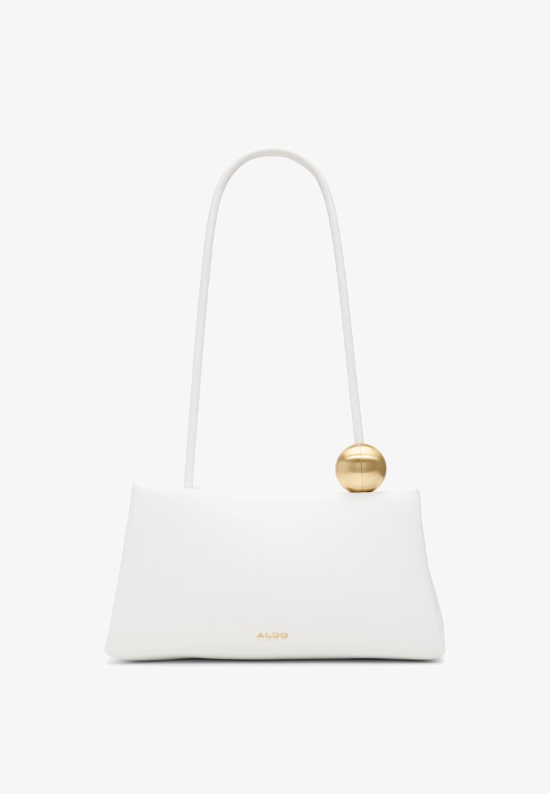 Sac à main rectangulaire blanc avec une seule fine bandoulière et un accent sphérique doré près du coin supérieur, logo ALDO en bas au centre.