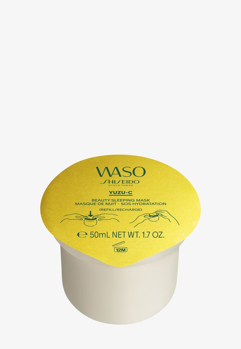 Recharge du masque de nuit beauté WASO Shiseido Yuzu-C, 50 ml, couvercle en feuille jaune avec illustrations d'utilisation et texte.