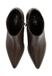 Brown leather ankle boots with a pointed toe, smooth texture, and zip closures on each side. Black lining and subtle brand logo inside.