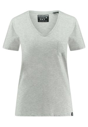 Jasnoszary T-shirt z krótkim rękawem i dekoltem w serek, z małą kieszonką na piersi oraz metką Superdry Clothing Co. wewnątrz kołnierza.